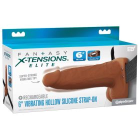 X-Tensions Elite Vibrating Hollow Strap-On Dual Density-Brown 6"