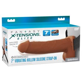 X-Tensions Elite Vibrating Hollow Strap-On Dual Density-Brown 7"