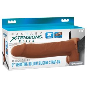 X-Tensions Elite Vibrating  Hollow Strap-On Dual Density - Brown 8"