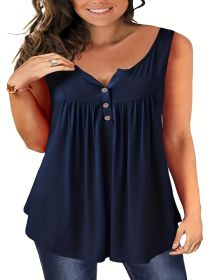Self-pick-up Women's Plus Size Sleeveless Top V Neck Button Casual T-Shirt Only Self-pickup Is Supported (Option: Navy blue-5XL)