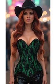 Top Drawer Green Satin w/Black Lace Overlay Steel Boned Overbust Corset (size: large)