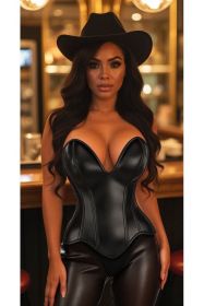 Top Drawer Steel Boned Black Faux Leather Plunge Neckline Overbust Corset (size: small)