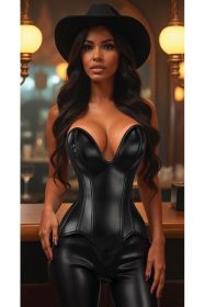 Top Drawer Steel Boned Black Faux Leather Plunge Neckline Overbust Corset (size: medium)