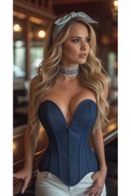 Top Drawer Steel Boned Dark Blue Denim Plunge Neckline Overbust Corset (size: XSmall)
