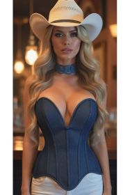 Top Drawer Steel Boned Dark Blue Denim Plunge Neckline Overbust Corset (size: medium)