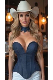 Top Drawer Steel Boned Dark Blue Denim Plunge Neckline Overbust Corset (size: 5X)