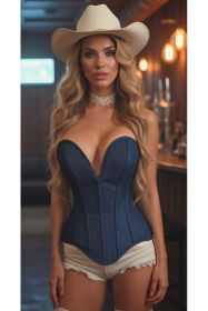 Top Drawer Steel Boned Dark Blue Denim Plunge Neckline Overbust Corset (size: 3X)