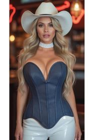 Top Drawer Steel Boned Dark Blue Denim Plunge Neckline Overbust Corset (size: 2X)