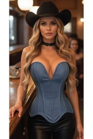 Top Drawer Steel Boned Blue Denim Plunge Neckline Overbust Corset (size: large)