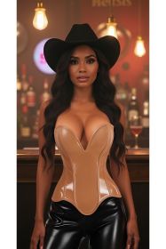 Top Drawer Steel Boned Caramel Patent Plunge Neckline Overbust Corset (size: large)