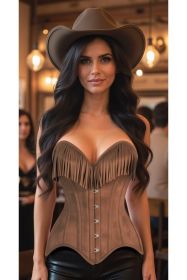 Top Drawer Tan Suede Steel Boned Overbust Corset w/Fringe (size: small)