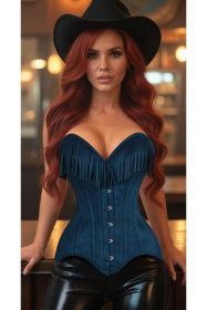 Top Drawer Blue Suede Steel Boned Overbust Corset w/Fringe (size: medium)