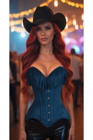 Top Drawer Blue Suede Steel Boned Overbust Corset w/Fringe (size: small)