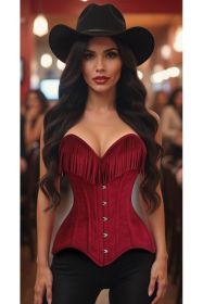 Top Drawer Red Suede Steel Boned Overbust Corset w/Fringe (size: medium)