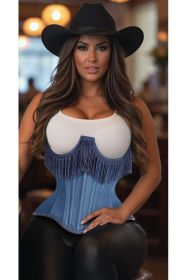 Top Drawer Steel Boned Blue Denim Underwire Underbust Corset Cincher w/Fringe (size: XSmall)