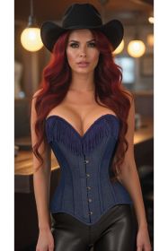 Top Drawer Dark Blue Denim Steel Boned Overbust Corset w/Fringe (size: large)