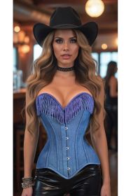 Top Drawer Blue Denim Steel Boned Overbust Corset w/Fringe (size: medium)