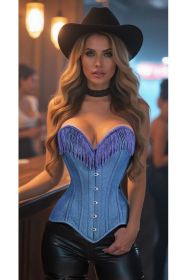 Top Drawer Blue Denim Steel Boned Overbust Corset w/Fringe (size: small)