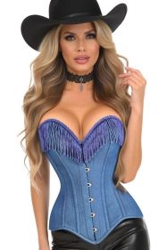 Top Drawer Blue Denim Steel Boned Overbust Corset w/Fringe (size: 2X)