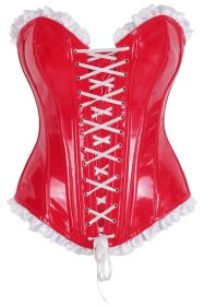 Top Drawer 2 PC Steel Boned Red Vinyl Patent Corset & Striped Bloomers Set (size: medium)