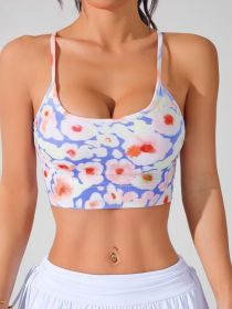 Women's Summer New Cross Thin-Strap Floral Print Daily Sports Bra (Option: Blue violet flower-S)
