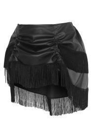Black Faux Leather Ruched Bustle Skirt w/Fringe (size: Curvy)