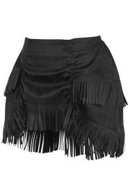 Black Suede Ruched Bustle Skirt w/Fringe (size: Curvy)