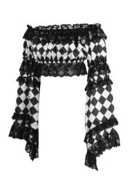 Black/White Diamond Print Satin & Lace Peasant Top (size: Queen)