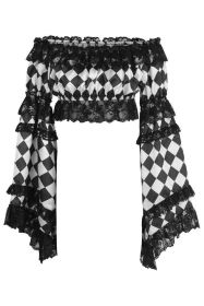 Black/White Diamond Print Satin & Lace Peasant Top (size: OneSize)