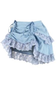 Light Blue Denim Ruched Bustle Skirt w/Lace (size: Curvy)
