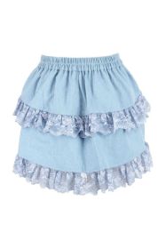 Light Blue Denim Ruched Bustle Skirt w/Lace (size: Queen)