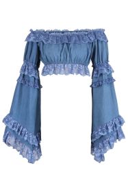 Blue Denim Smocked Flare Sleeve Peasant Top (size: Queen)