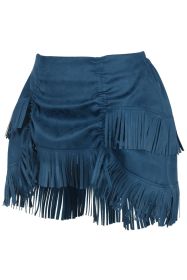 Blue Suede Ruched Bustle Skirt w/Fringe (size: Curvy)