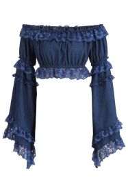 Dark Blue Denim Smocked Flare Sleeve Peasant Top (size: Queen)