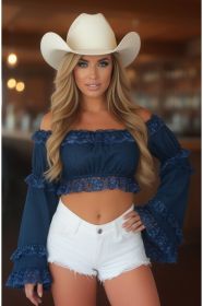 Dark Blue Denim Smocked Flare Sleeve Peasant Top (size: Regular)