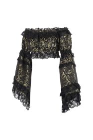 Gold/Black Brocade Smocked Flare Sleeve Peasant Top (size: Queen)