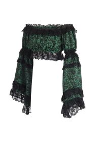 Green/Black Brocade Smocked Flare Sleeve Peasant Top (size: Queen)