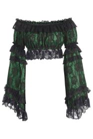Green/Black Lace Smocked Flare Sleeve Peasant Top (size: Regular)