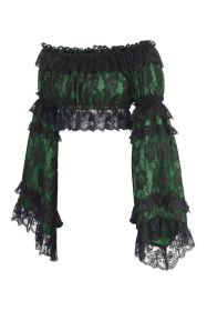 Green/Black Lace Smocked Flare Sleeve Peasant Top (size: Queen)