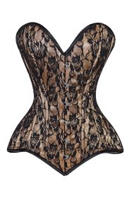 Lavish Beige/Black Lace Overbust Corset Sweetheart Neckline Busk Closure (size: small)