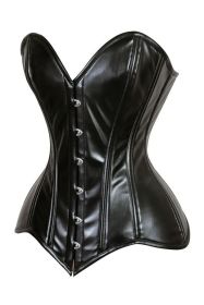 Lavish Black Wet Look Faux Leather Overbust Corset Sweetheart Neckline Busk Closure (size: large)