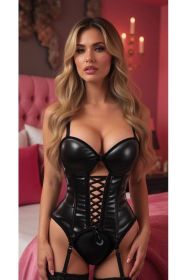 Lavish Black Wet Look Hook & Eye Lace-Up Bustier Corset w/Garters (size: XSmall)
