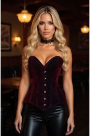 Lavish Dark Red Velvet Overbust Corset Sweetheart Neckline Busk Closure (size: XSmall)
