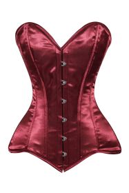 Lavish Dark Red Wine Satin Overbust Corset Sweetheart Neckline Busk Closure (size: large)