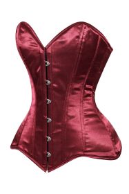 Lavish Dark Red Wine Satin Overbust Corset Sweetheart Neckline Busk Closure (size: XLarge)