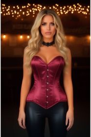 Lavish Dark Red Wine Satin Overbust Corset Sweetheart Neckline Busk Closure (size: medium)