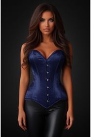 Lavish Navy Blue Satin Overbust Corset Sweetheart Neckline Busk Closure (size: medium)