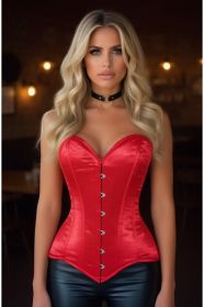 Lavish Red Satin Overbust Corset Sweetheart Neckline Busk Closure (size: large)