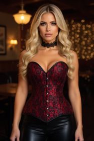 Lavish Red/Black Lace Overbust Corset Sweetheart Neckline Busk Closure (size: small)