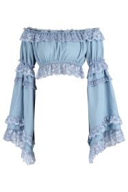 Light Blue Denim Smocked Flare Sleeve Peasant Top (size: Queen)